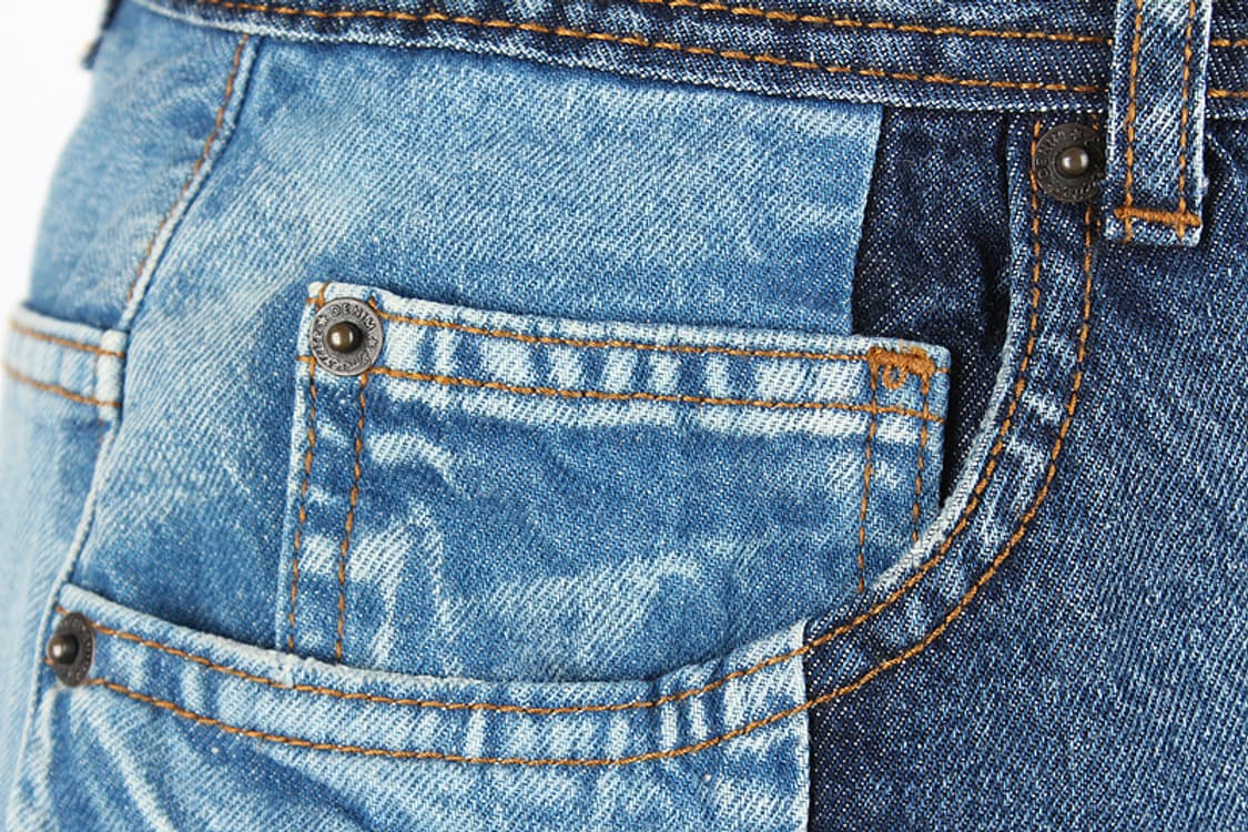 배색 투톤데님 워싱 데미지 프린지 패치워크 언발 A라인 밴딩 미니 청치마 상품이미지3