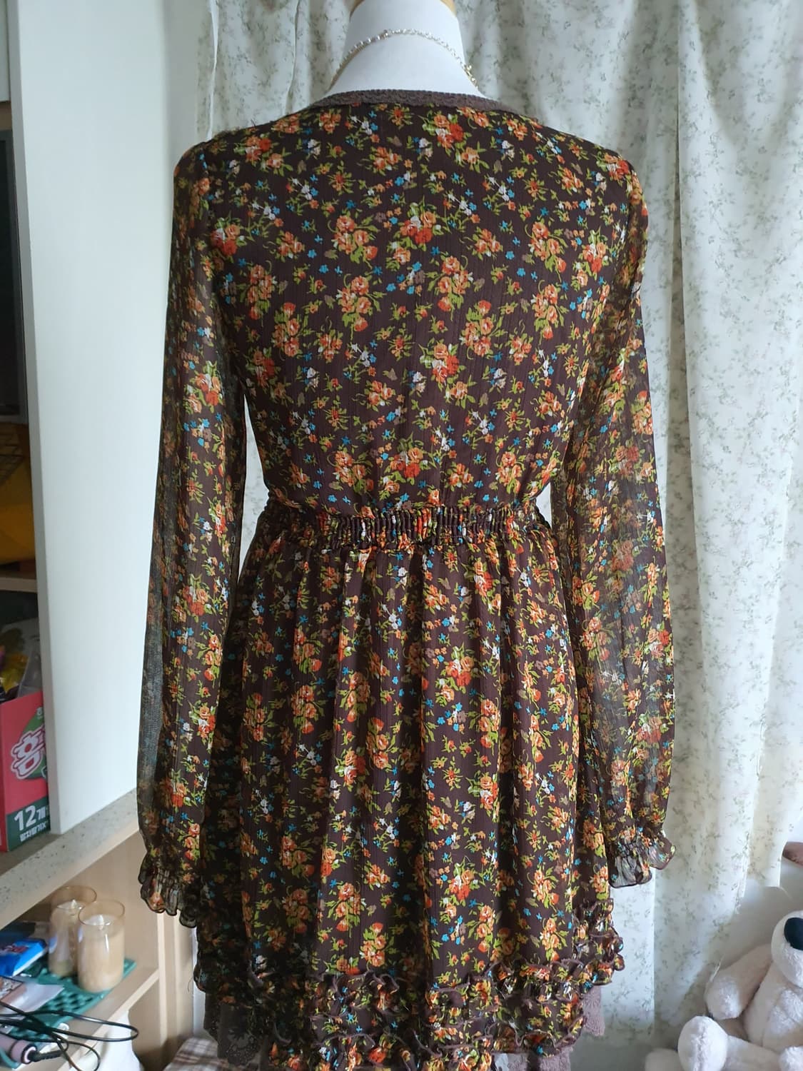 [히피룩] 플라워 패턴 롱 슬리브 쉬폰 미니 원피스 상품이미지5