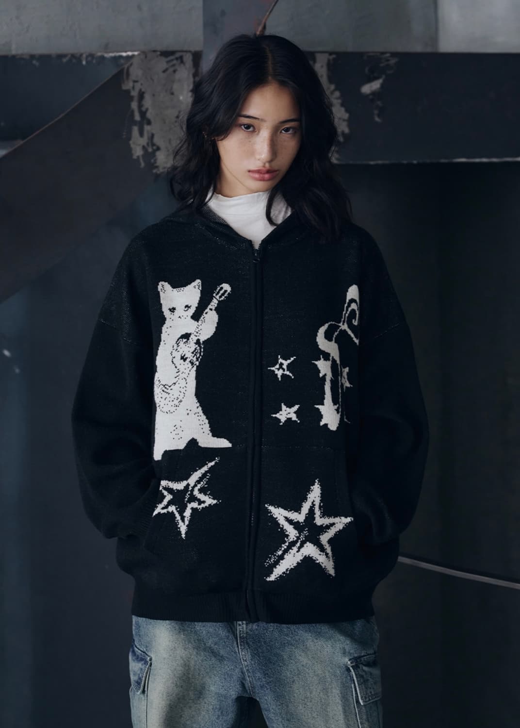 레더리 인사이드 더 클로젯 고양이 캣 니트 후드집업 블랙 L 상품이미지4