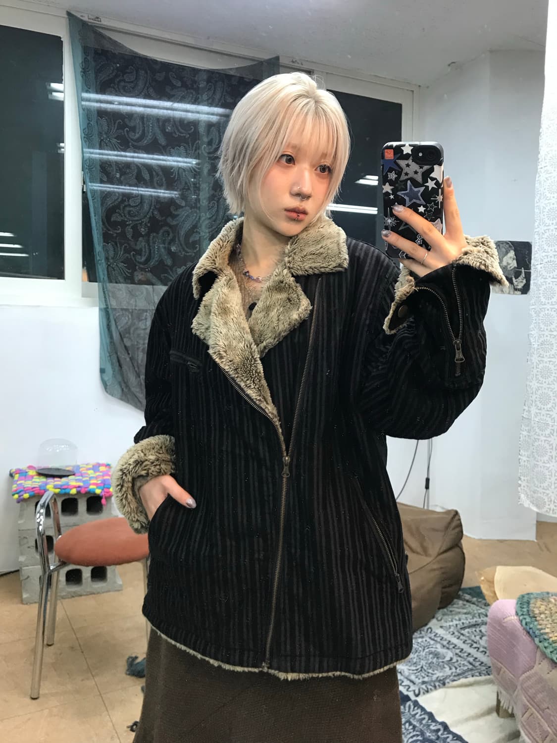 리바이스 골덴 스트라이프 사선지퍼 양털 쉐르파 자켓  상품이미지1