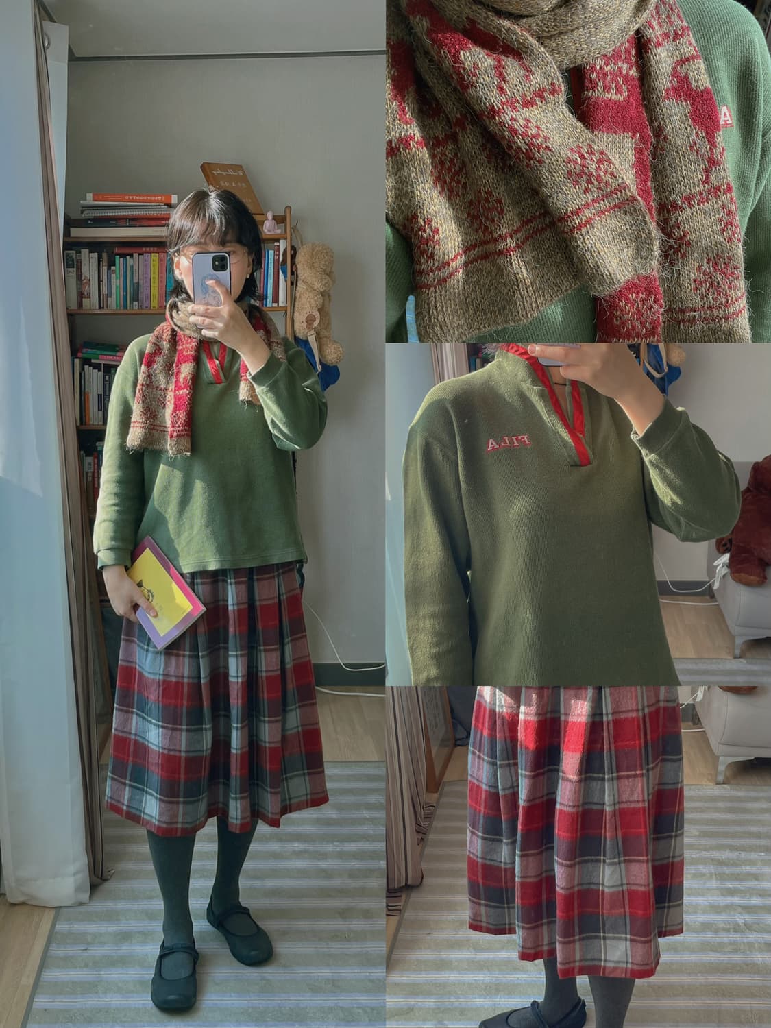 빈티지 코디 세트 (티셔츠 + 체크 스커트 + 니트 머플러) 상품이미지1