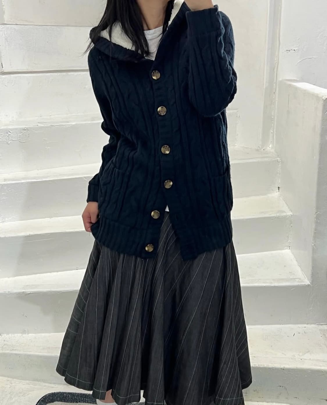 빈티지 퍼 후드 가디건 - navy 상품이미지6