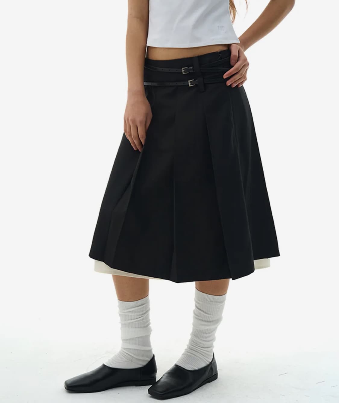 플레이스스튜디오 투밸트 로우라이즈 탈부착 플리츠 더블 레이어드 미디스커트 상품이미지1