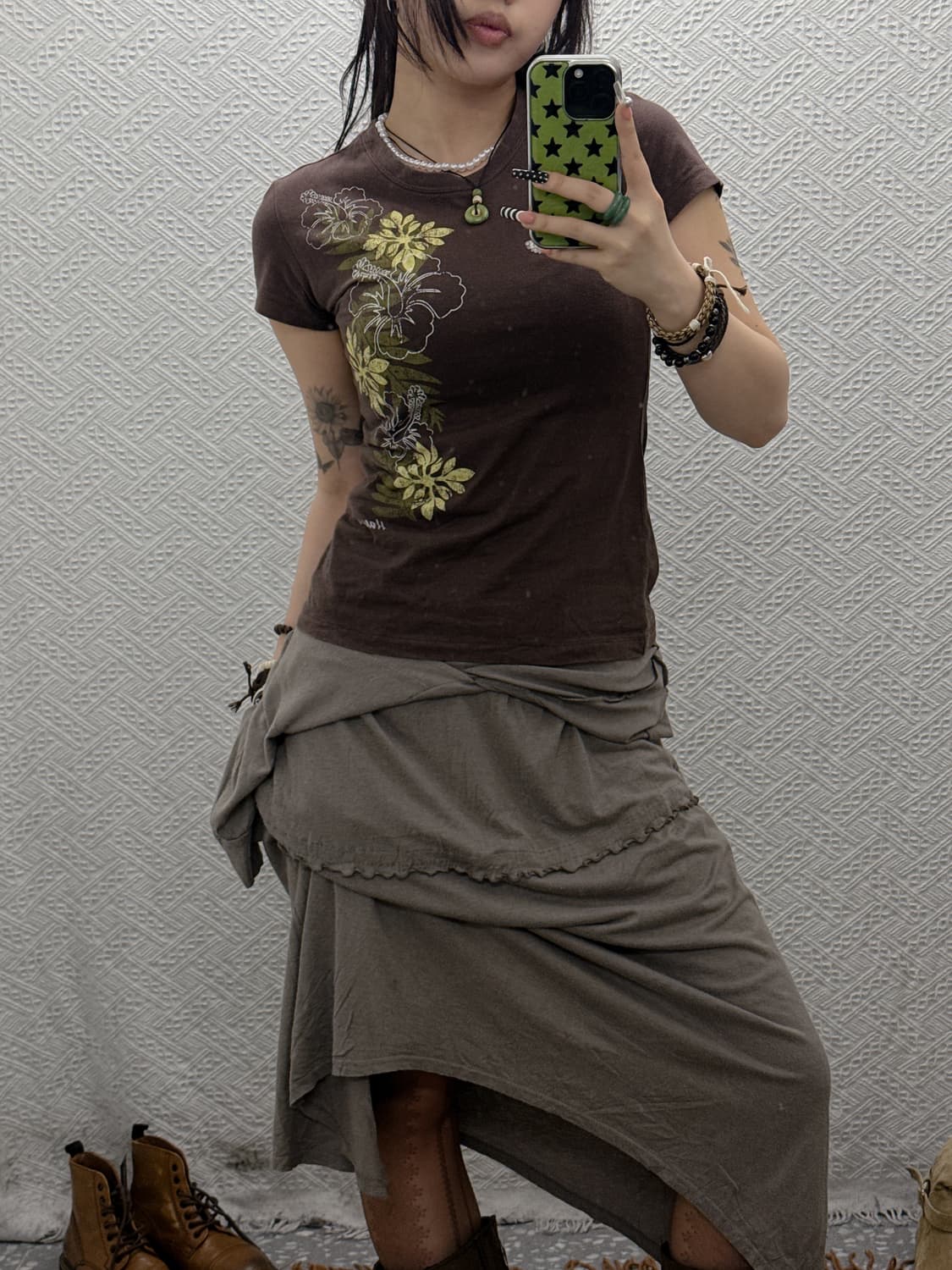 빈티지 보헤미안 오리엔탈 히피 플라워 딱붙핏 반팔티 K0005 상품이미지2