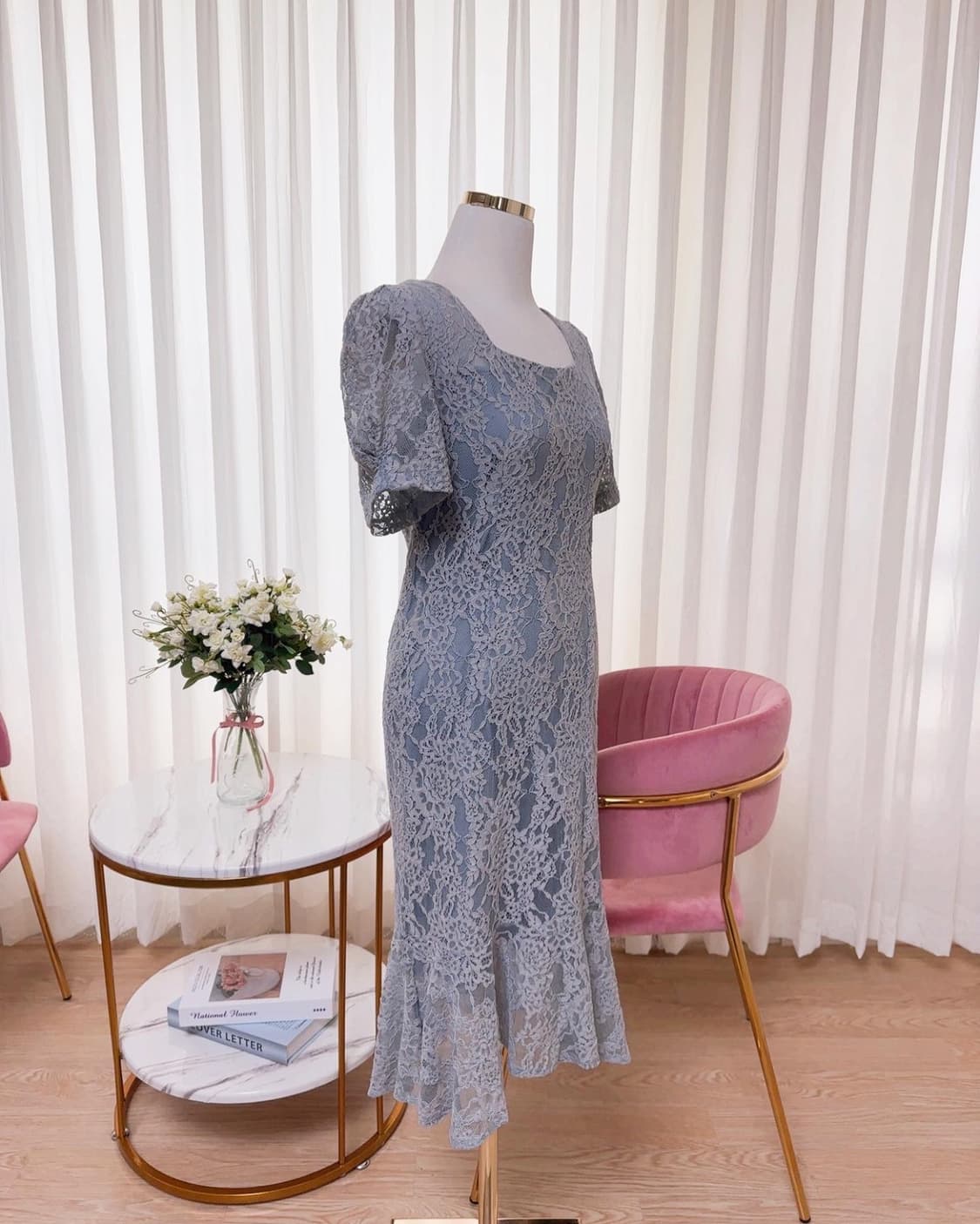 스퀘어넥 머메이드 어깨퍼프 레이스 원피스 상품이미지4