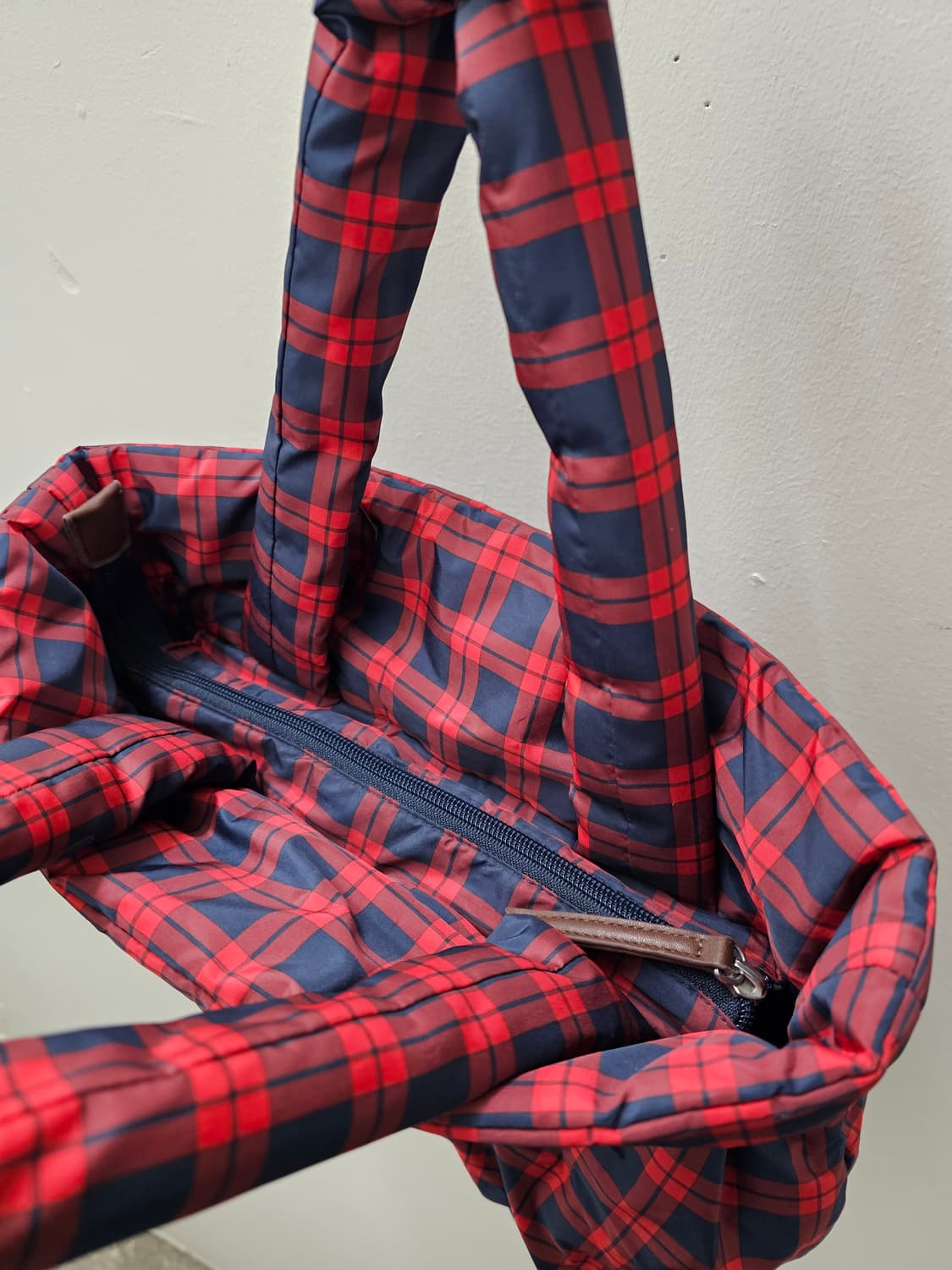 Japan 레드 네이비 체크 패딩 토트백 상품이미지5