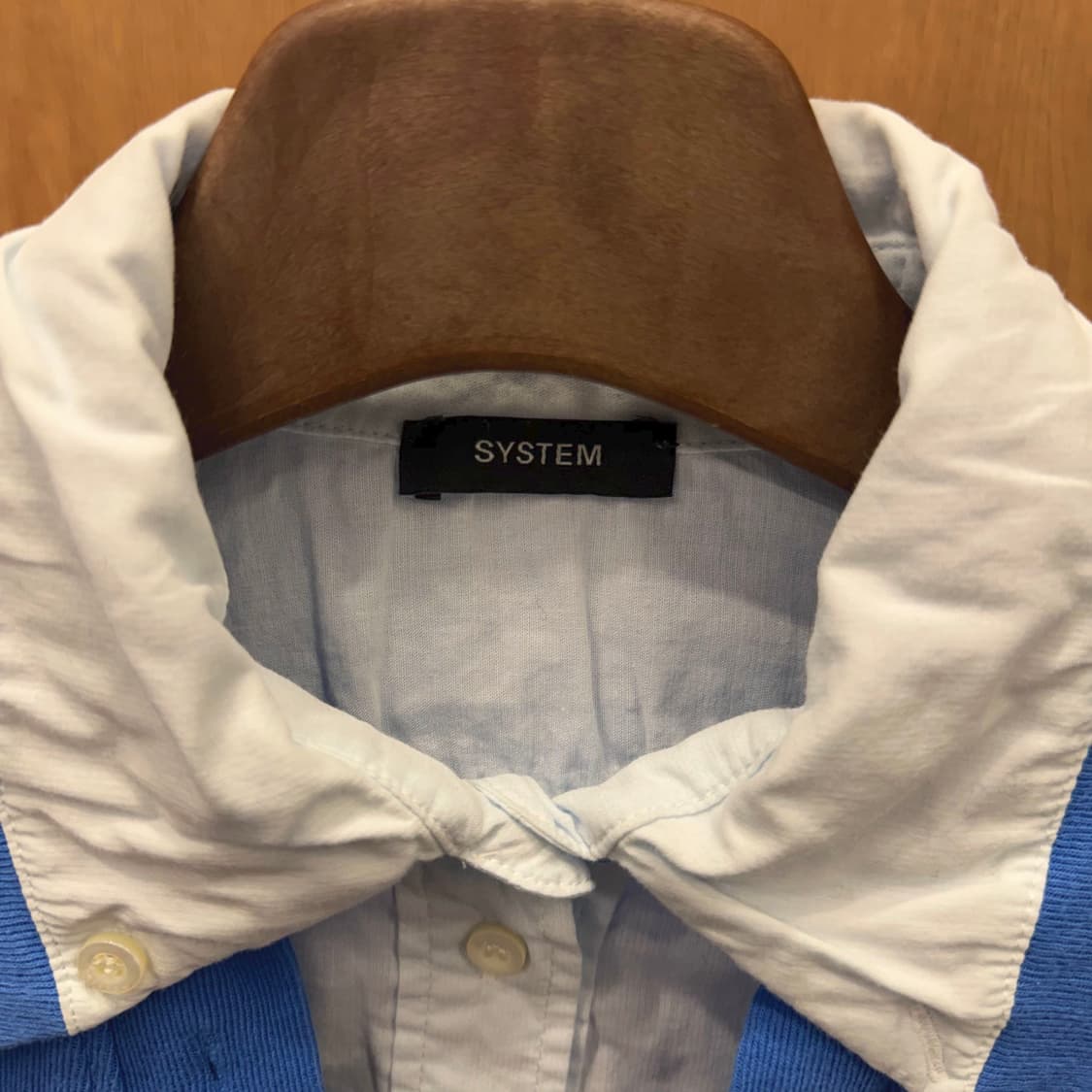 시스템 셔츠 레이어드 맨투맨 레터링 자수 싱글 포켓 카라넥 디테일 블루 상품이미지7