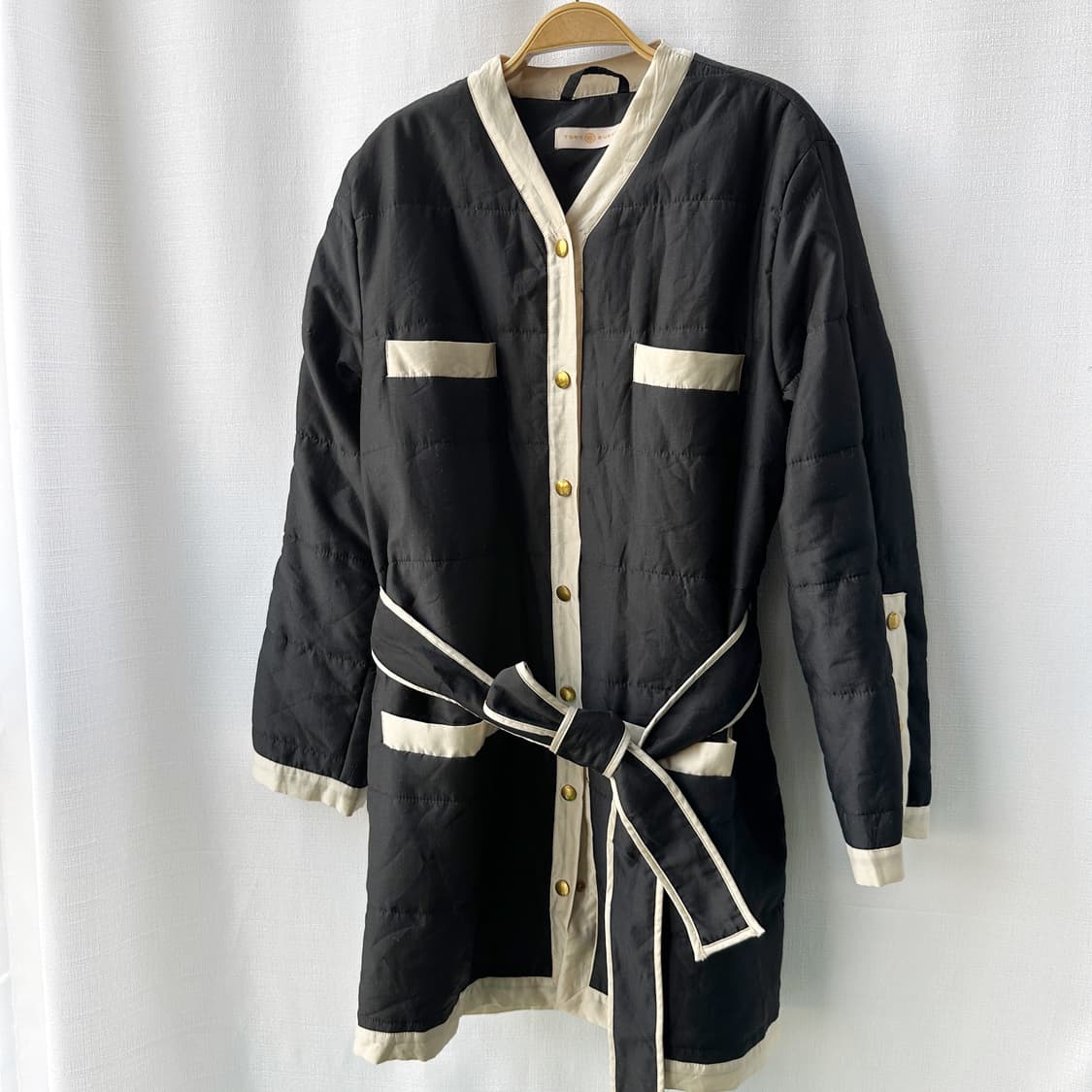 토리버치 롱 퀼팅 자켓 블랙 아이보리 L 상품이미지1