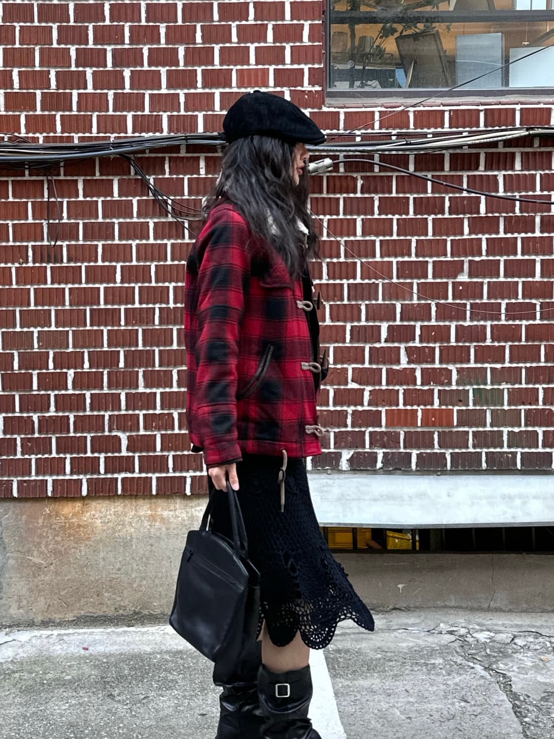 체크 떡뽁이 코트 오존 커뮤니티 롱슬리브 뜨개 미디 스커트 코디세트 상품이미지2