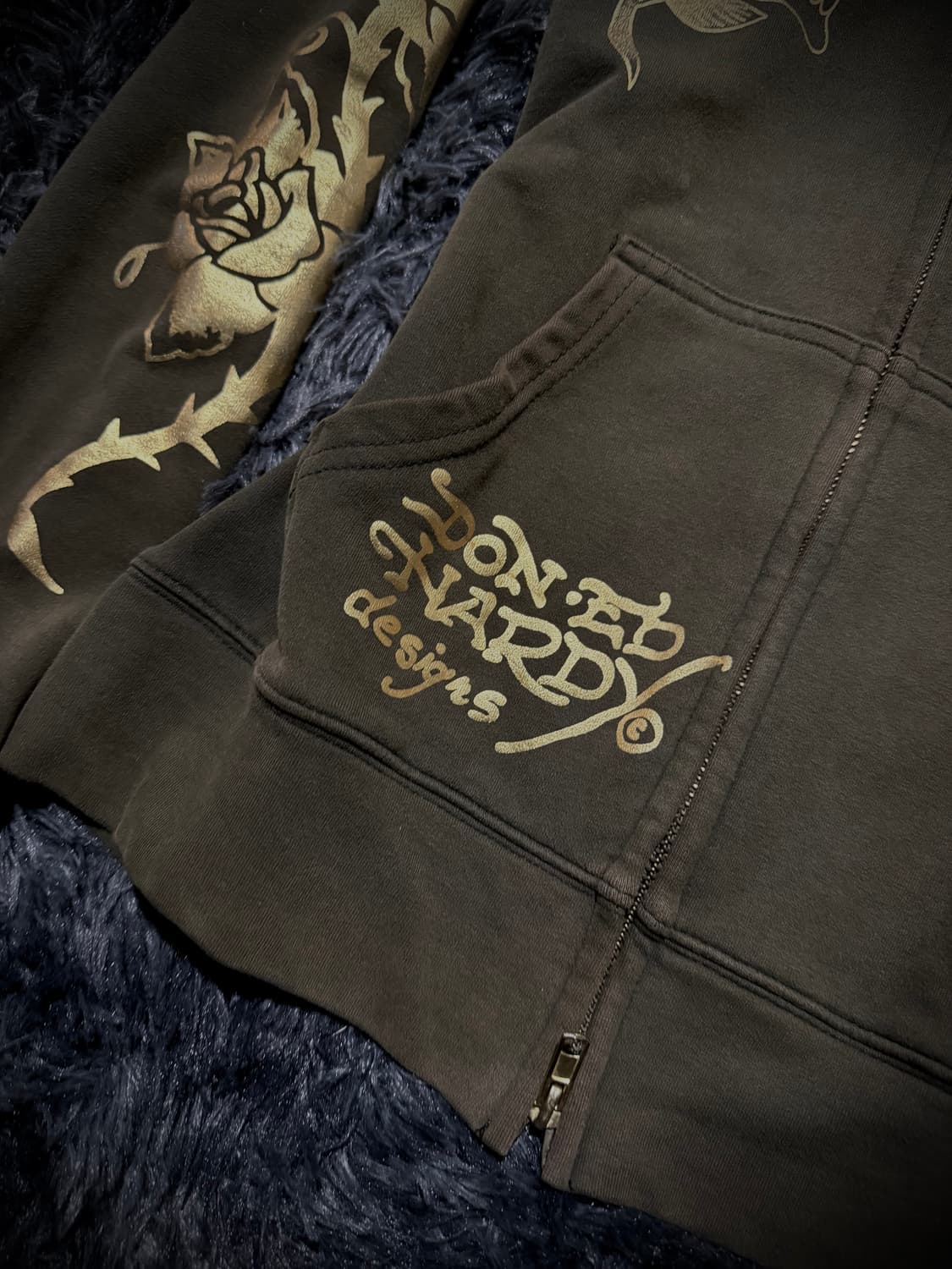 Ed Hardy 카키 올드스쿨 장미 프린팅 큐빅 디테일 후드집업 상품이미지6