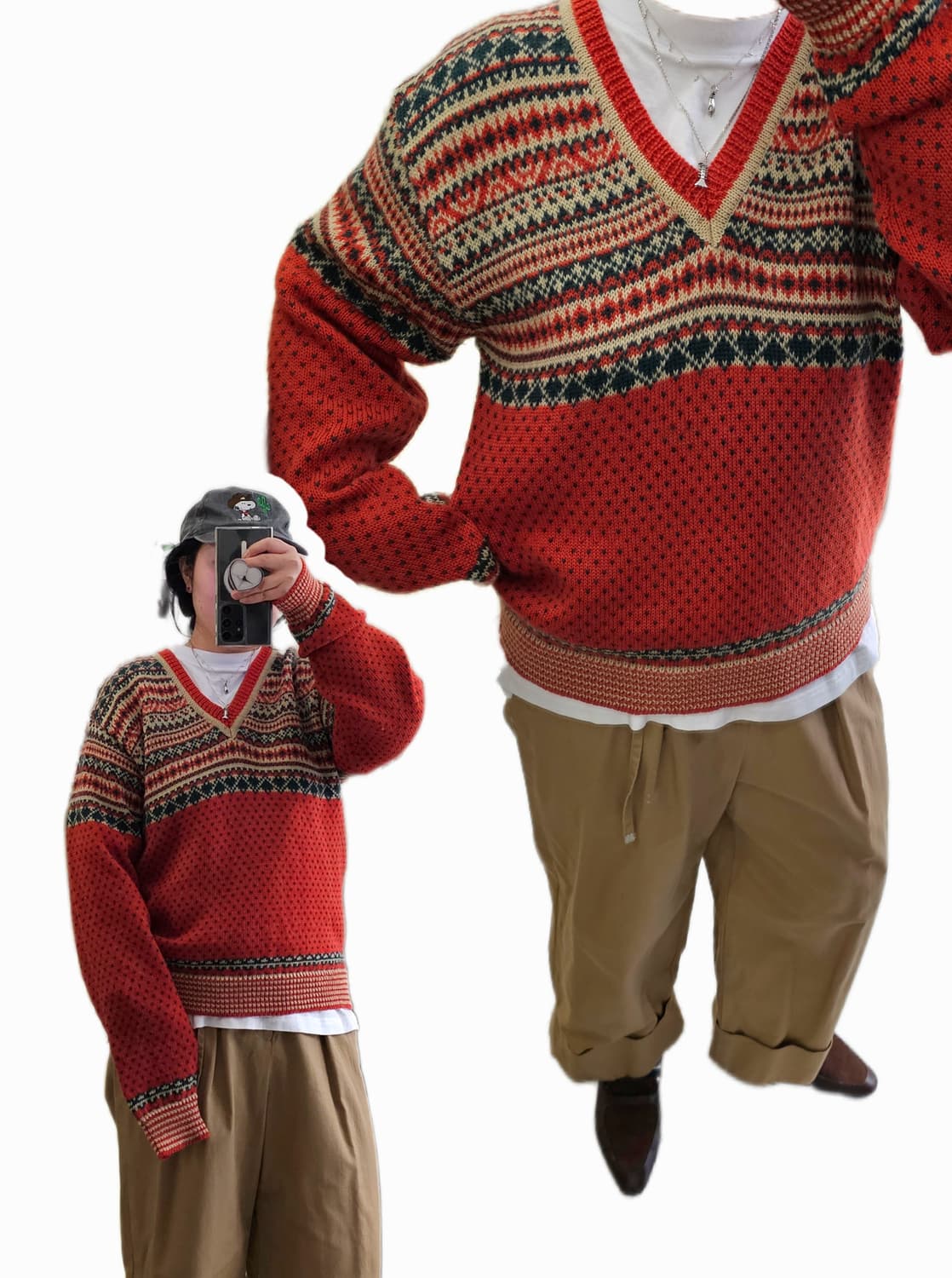 Japan GUY 오렌지 노르딕 V넥 울 니트 상품이미지1