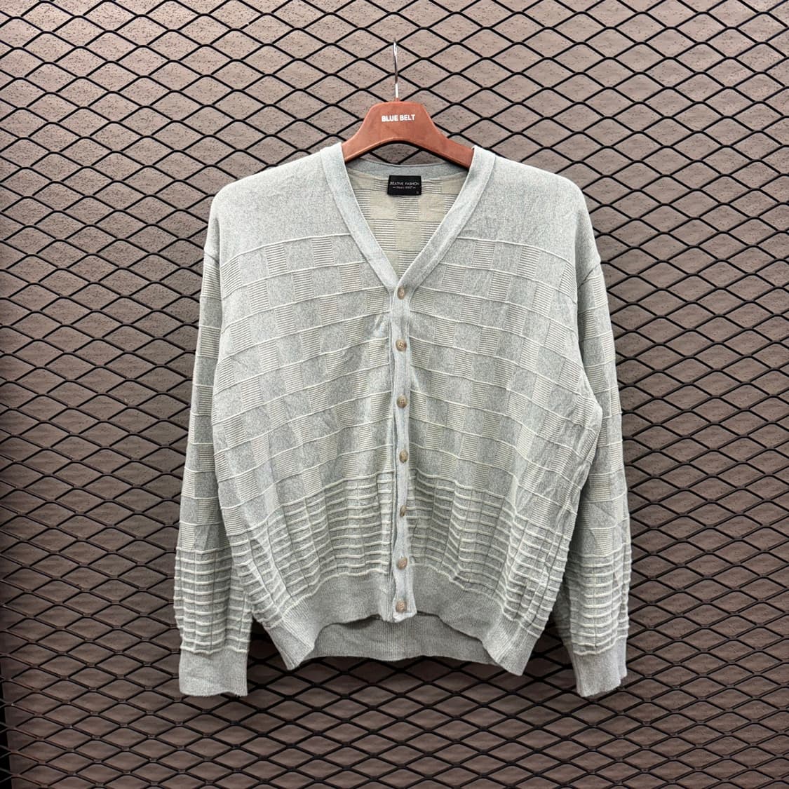 JPN VINTAGE V넥 가디건 엠보싱 라인 리버스 블록 패턴 디테일 상품이미지2