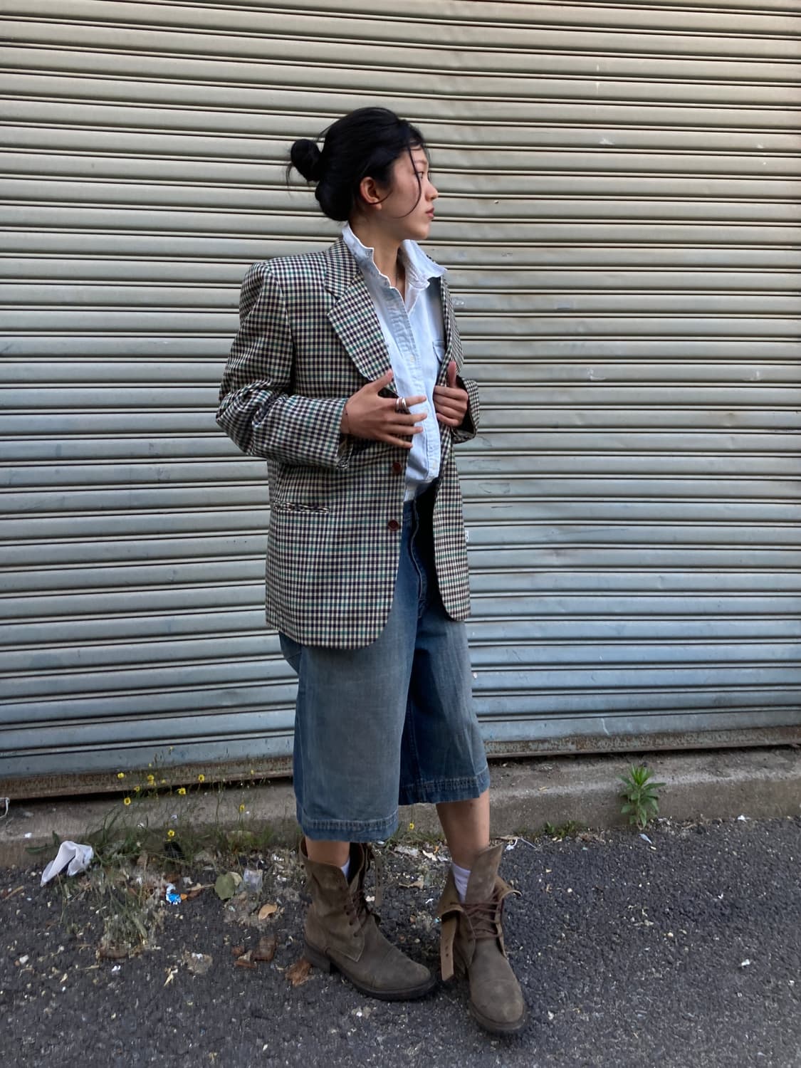 Yve Saint Laurent 네이비 딥그린 체크 블레이저 상품이미지3