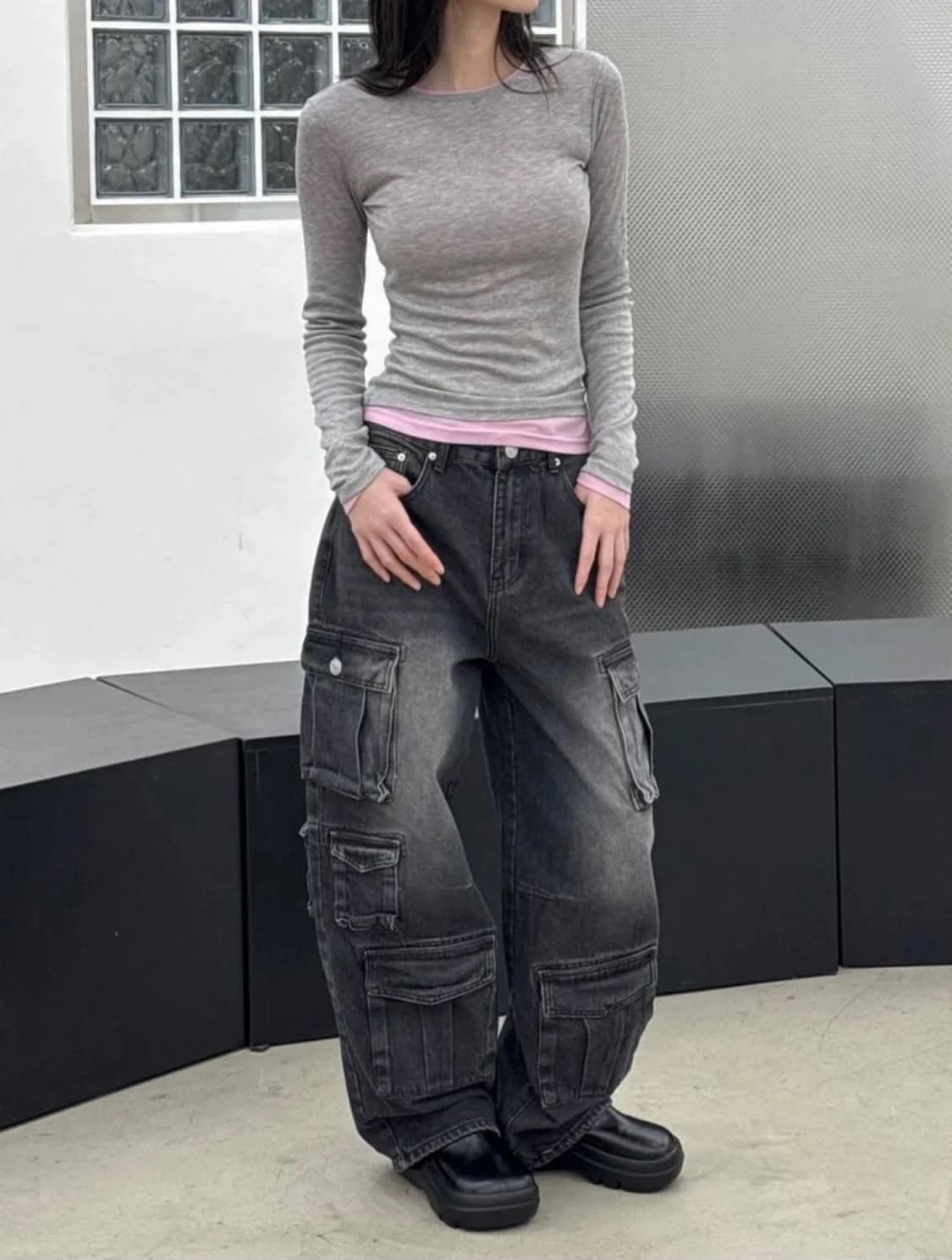 멀티 카고 데님 팬츠 흑청  상품이미지1