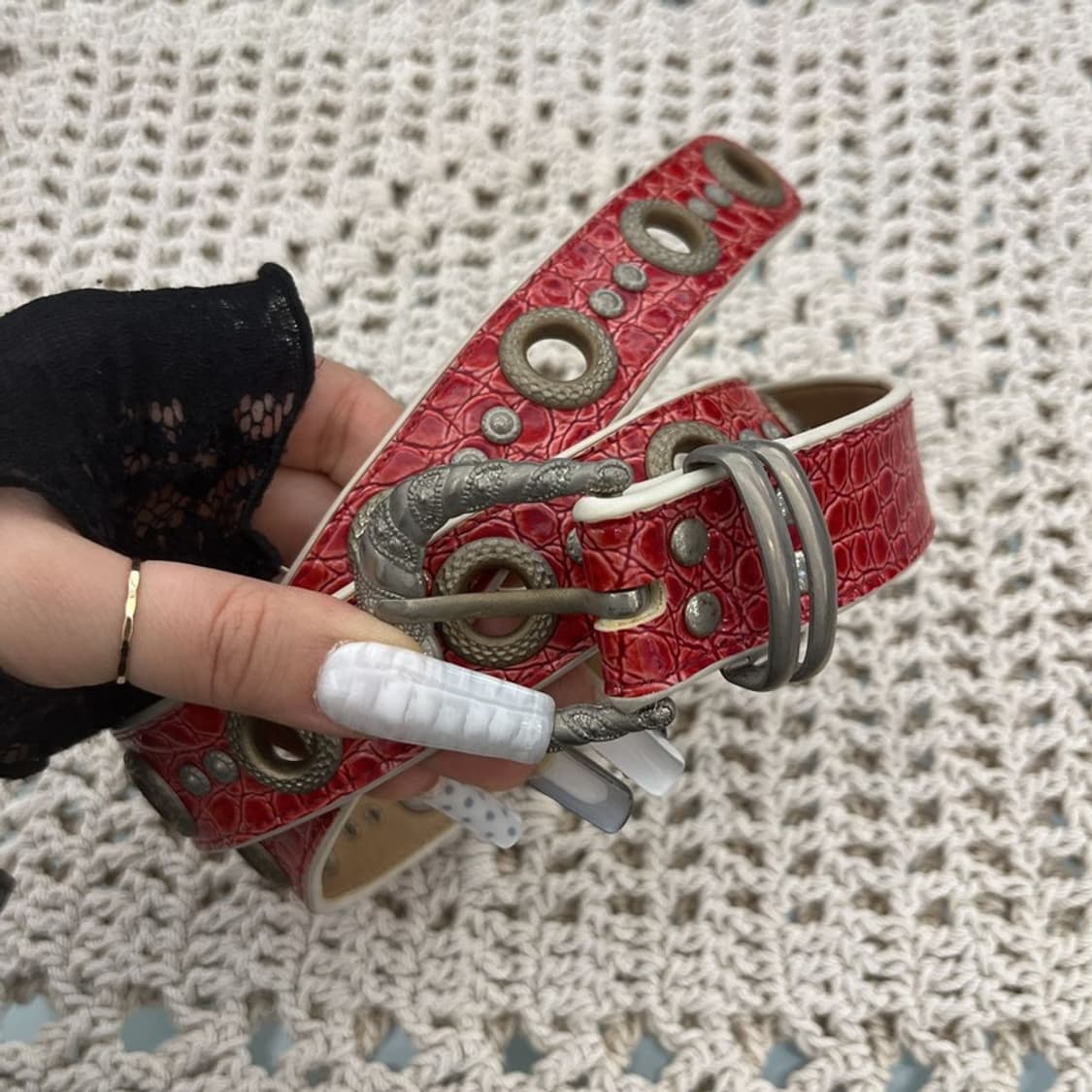 빈티지 레트로 Y2K 스트릿 펑크 레드 뱀피 아일렛 벨트 C10848 상품이미지3