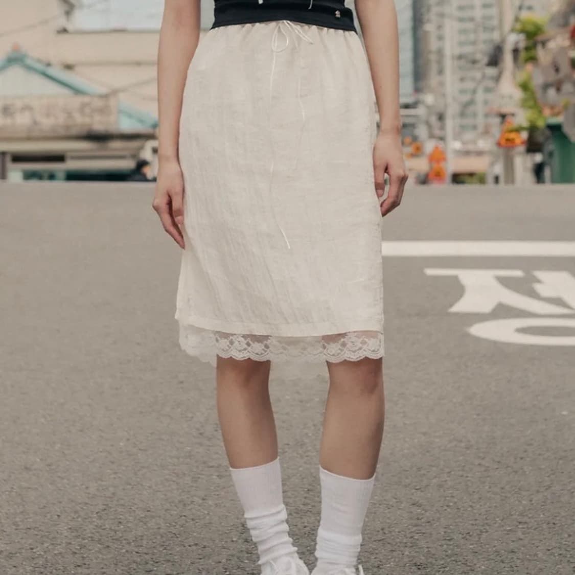 하이스쿨디스코 레이스 슬립 미디 스커트 아이보리 상품이미지2