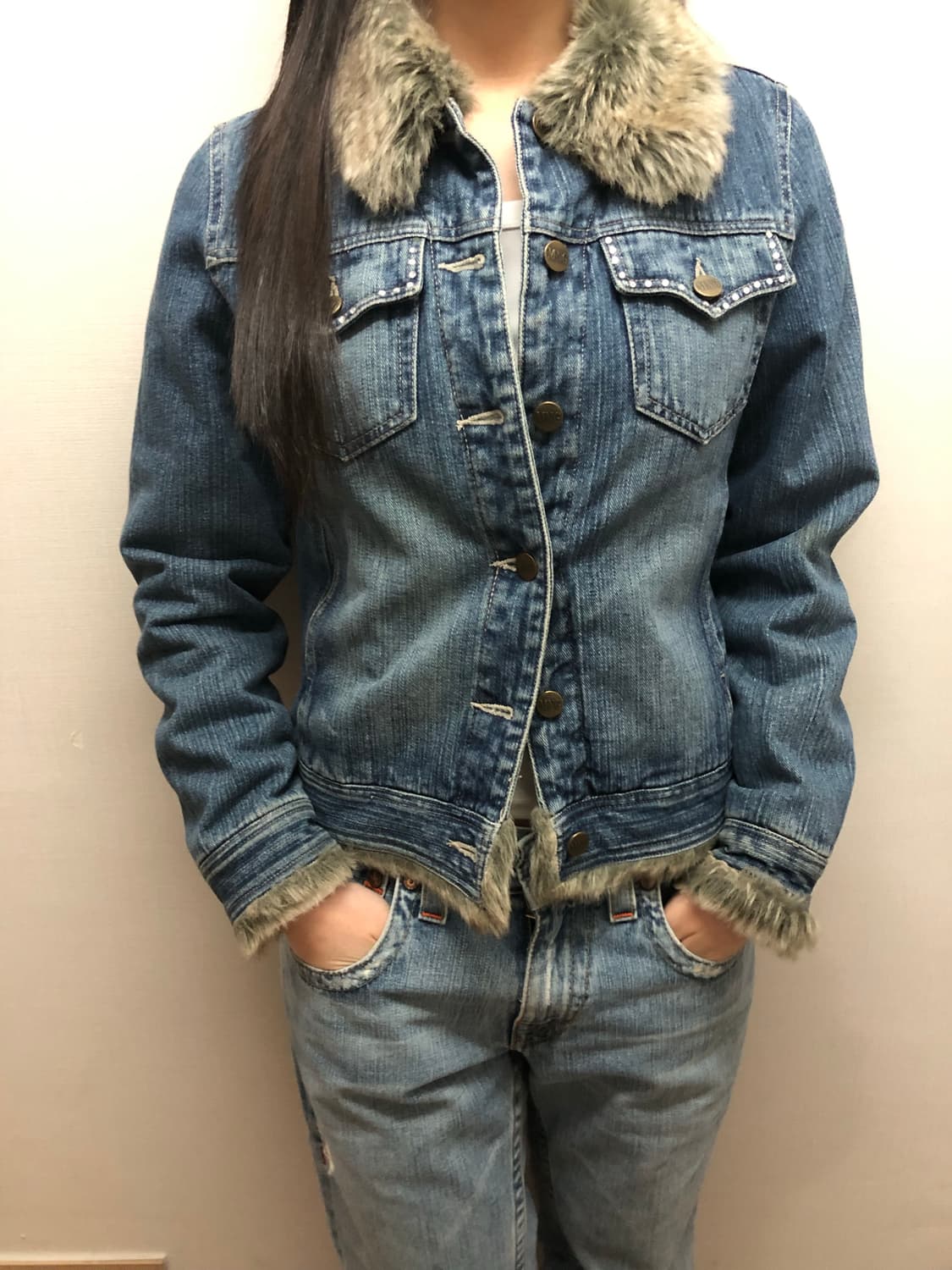 빈티지 데님 큐빅 퍼 자켓 상품이미지2