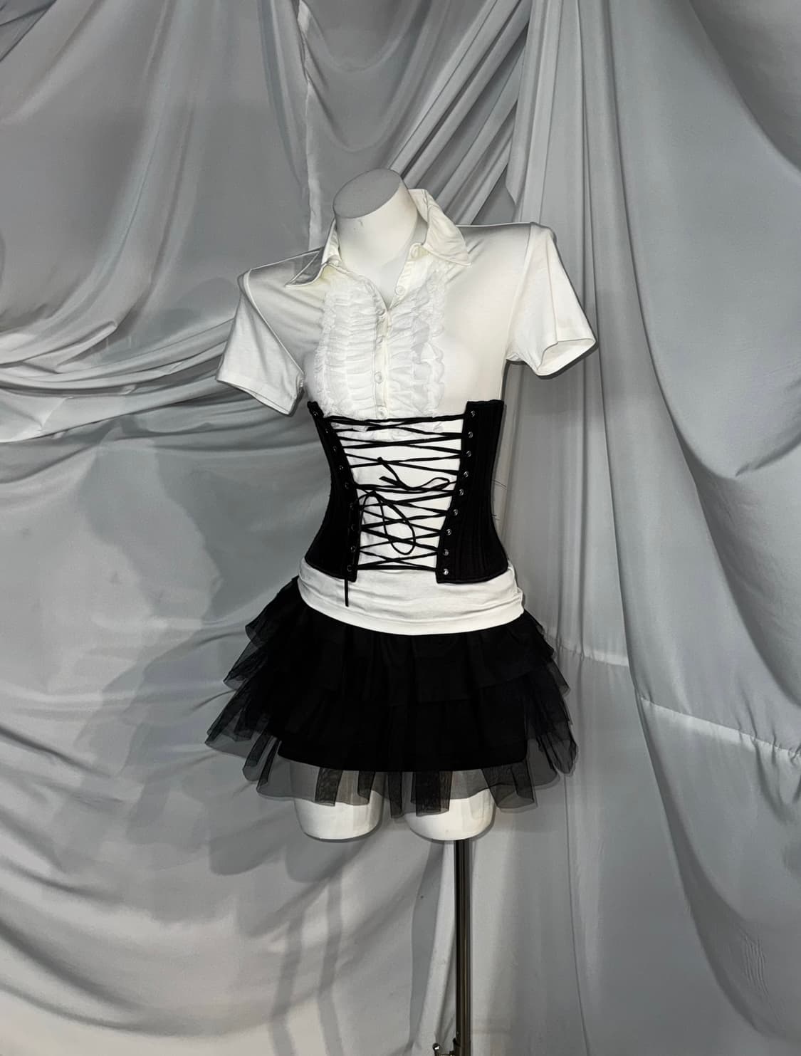 무채색 세라깔 코르셋 화이트 프릴 시스루 코디세트  상품이미지5