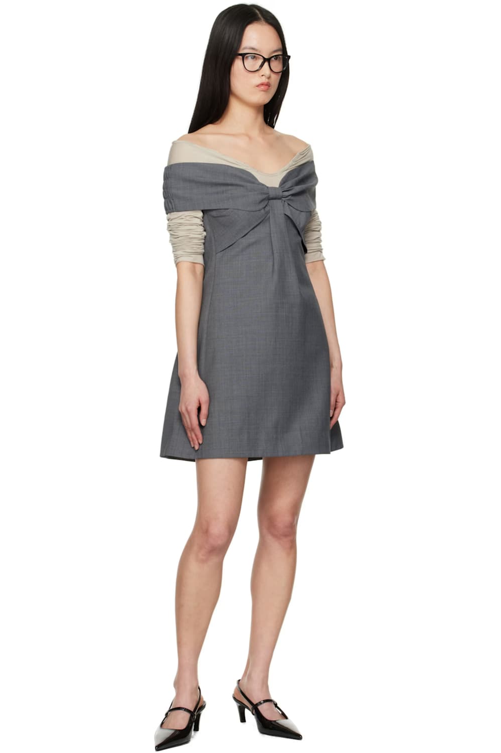 그레이 리본 오프숄더 미니 드레스 - 6 상품이미지5