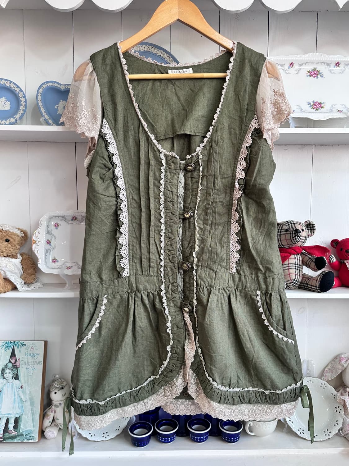 빈티지 레이스 장식 원피스 카키색 상품이미지1