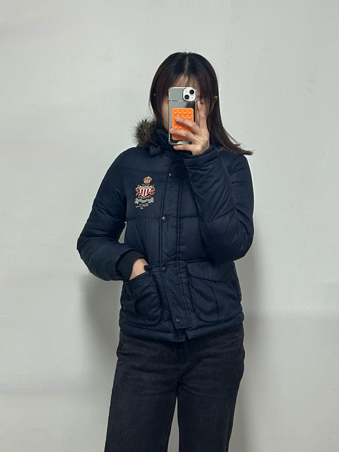 폴로 진스 자수로고 네이비 덕다운 후드 퍼 숏패딩 상품이미지1