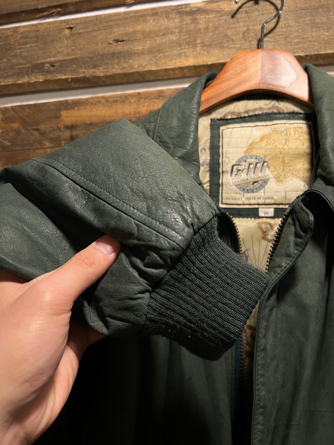 [M]90's USA 빈티지 그린 리얼레더 A-2 자켓 상품이미지5