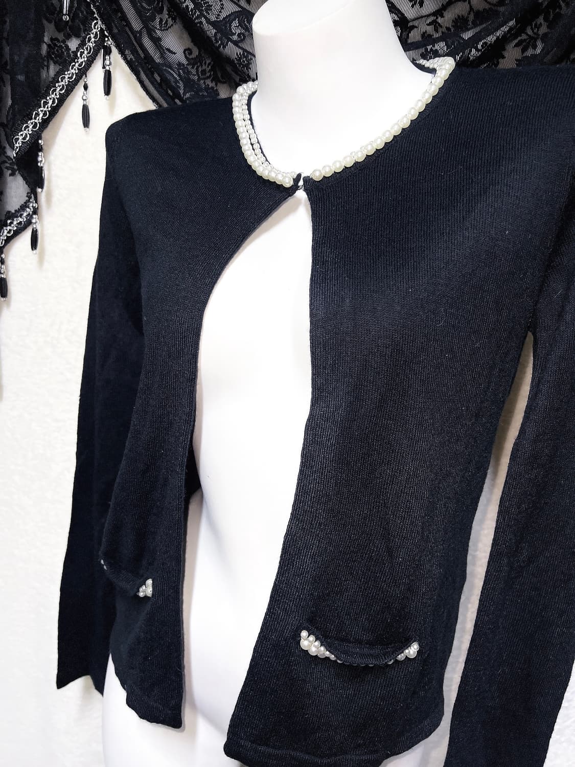 로걀탑 로맨틱갸루 진주 볼레로 블랙 니트가디건 페미닌 러블리 핀터 상품이미지5
