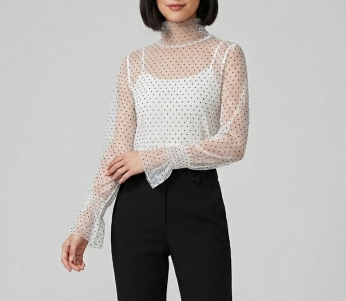 [F]에고이스트 도트패턴 시스루 하이넥 티셔츠 상품이미지1