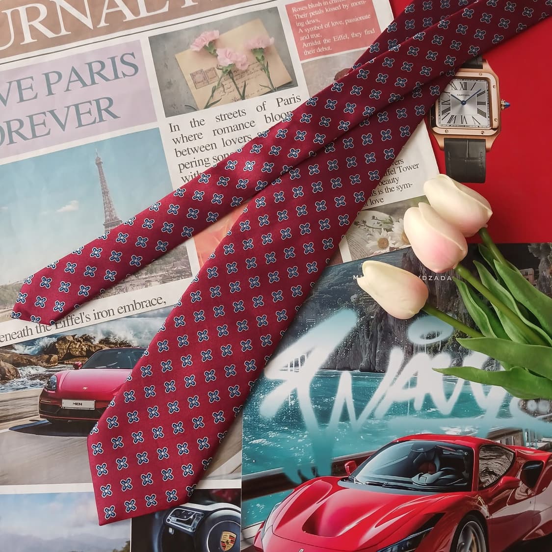 크라바타 자그레브 실크 레드 플라워 넥타이 7.6cm A등급 A19101 상품이미지2