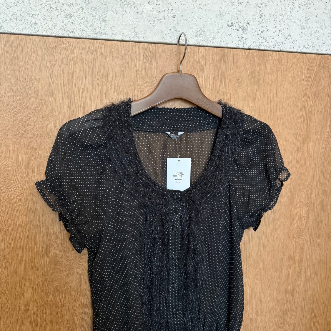 빈티지 시스루 도트 블라우스 프릴 디테일 블랙 k69 상품이미지3