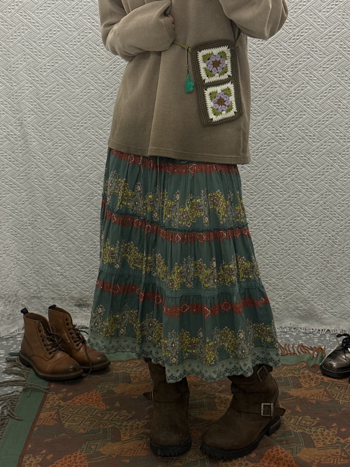 빈티지 코지 모리 플라워 뜨개 클로버 키링 니트 미니 크로스백 K0161 상품이미지1