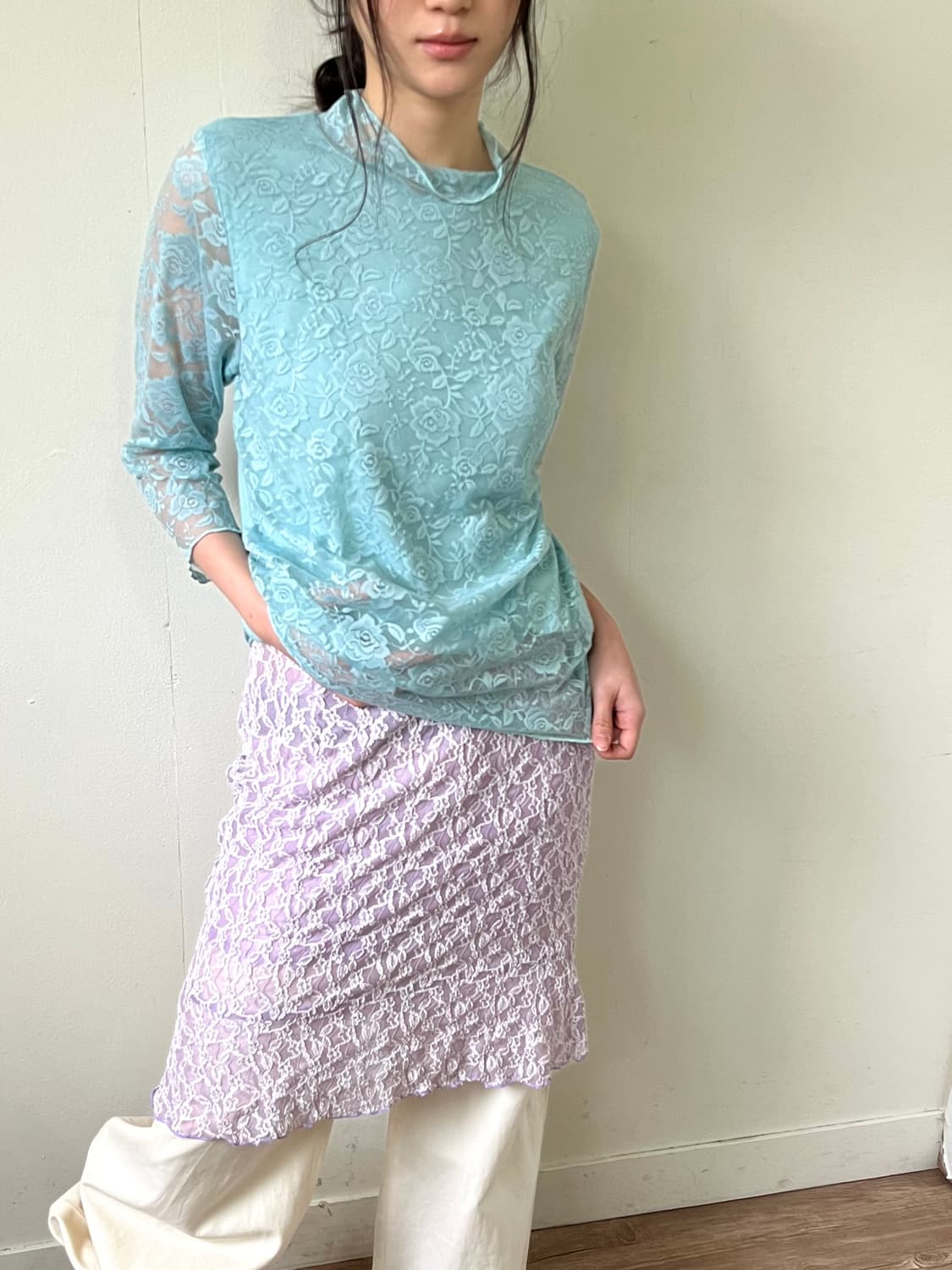 Jqpan vtg 플라워 시스루 민트 터틀넥 상품이미지5