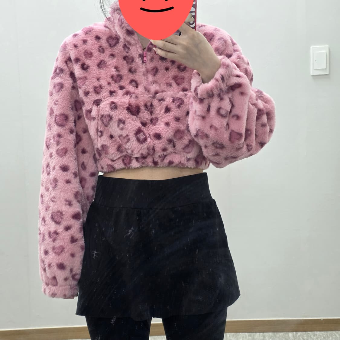빈티지) 핑크 레오파드 y2k 일본하트갸루 섹시 반집업 크롭 인조퍼긴팔 상품이미지2