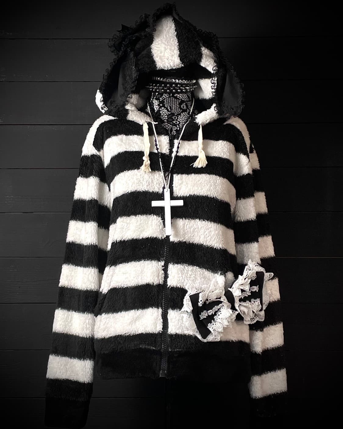 JPN 펑크 스트라이프 줄무늬 블랙 화이트 후드집업 상품이미지1