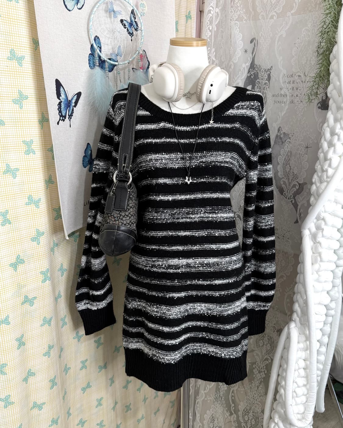 블랙 & 화이트 스팽글 니트 미니 원피스 상품이미지4