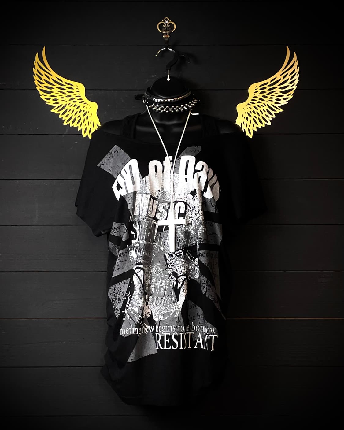 CORNFLAKE 콘플레이크 펑크 레이스 오프 숄더 레터링 셔링 탑 상품이미지2