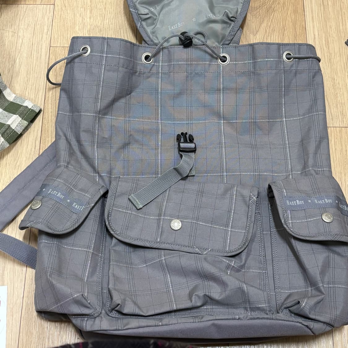 이스트보이 그레이 체크 백팩 배낭 복조리 스트링 가방 일본 모리걸 빈티지 상품이미지7