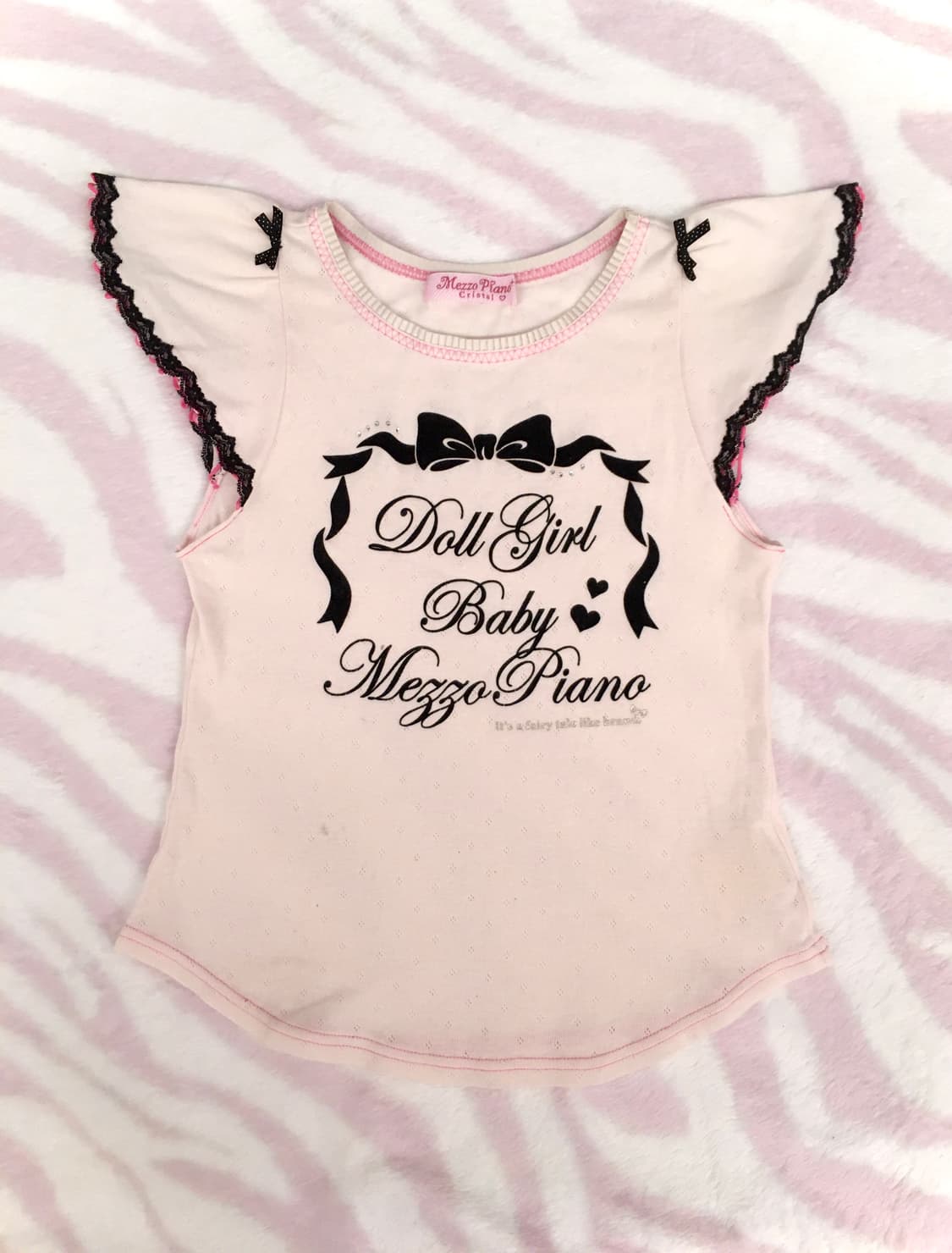 메조피아노 페일핑크 리본 레터링 레이스 반팔 탑 히메갸루 조지후쿠 상품이미지2