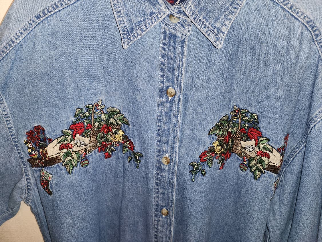 ((미국 빈티지))고양이🐱자수 데님 긴팔 청남방 상품이미지3
