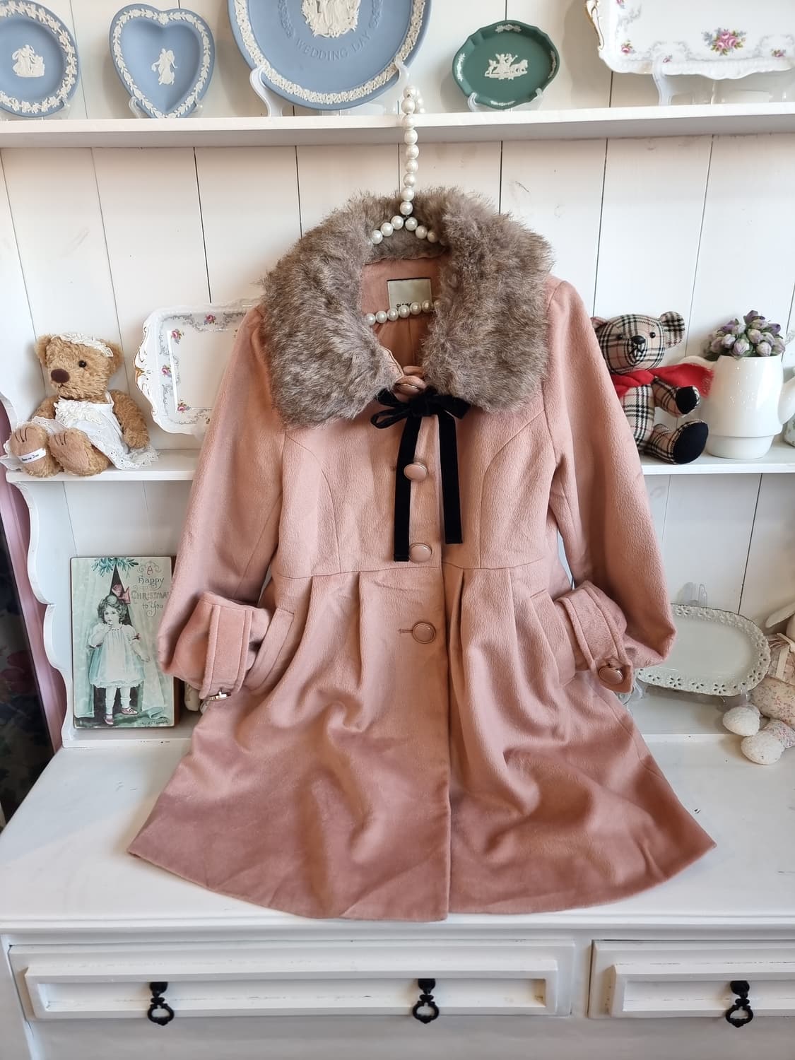 핑크 퍼 카라 리본 코트 상품이미지6