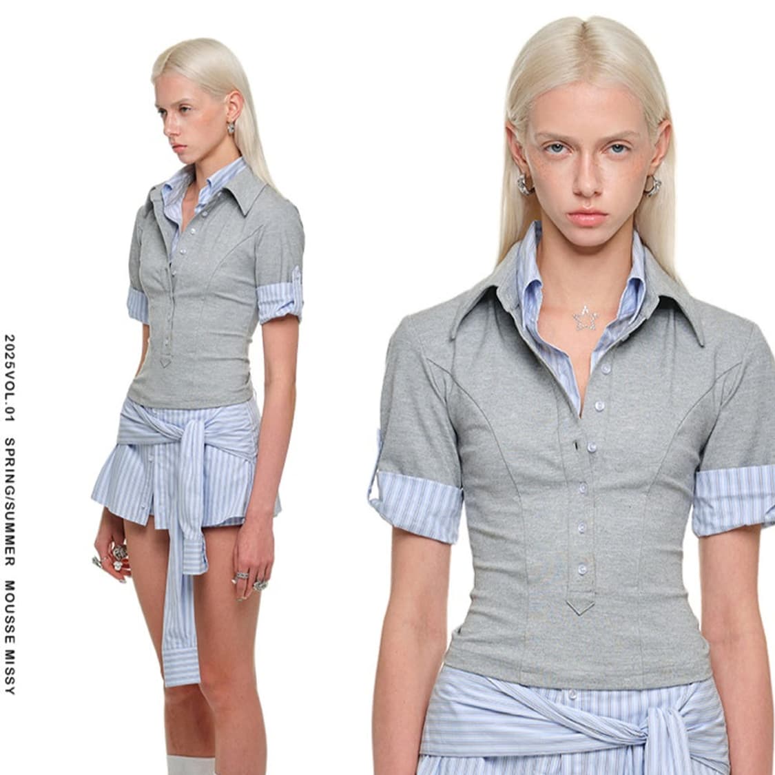 카리나 착용 원진스튜디오 카라넥 반팔 셔츠 레이어드 슬림 크롭티 그레이 상품이미지2