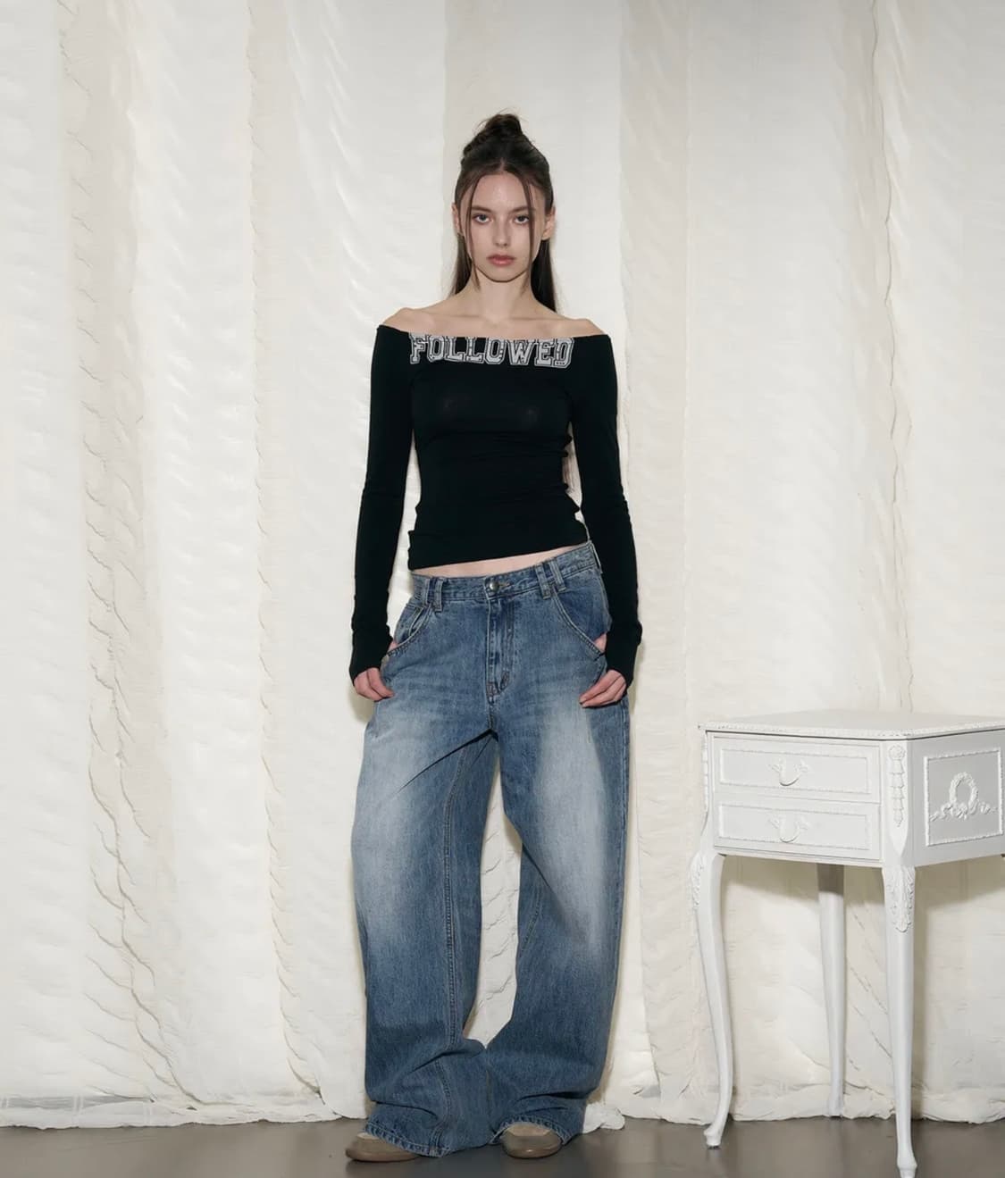 플리즈노팔로우 25Damaged Washing Wide Denim M 상품이미지1