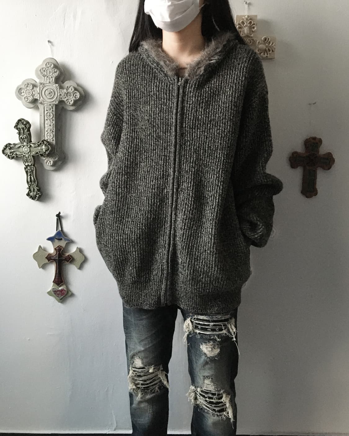 Fake fur hood ribbed knit zip up 상품이미지7