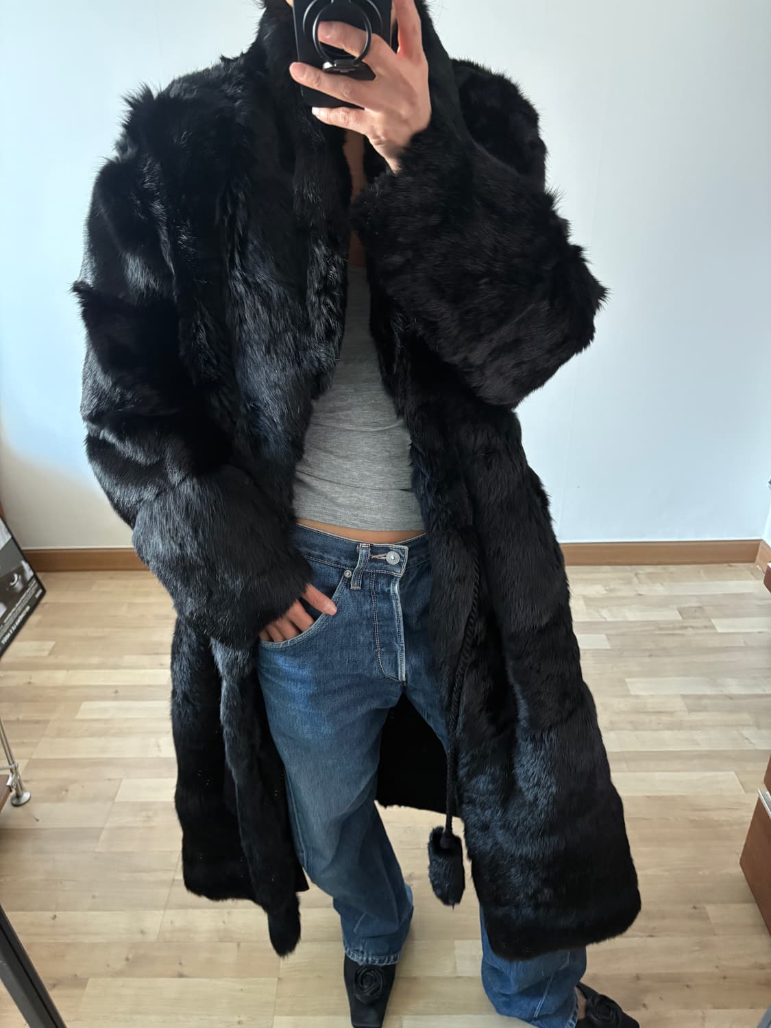 리얼 토끼 블랙 롱코트 상품이미지6