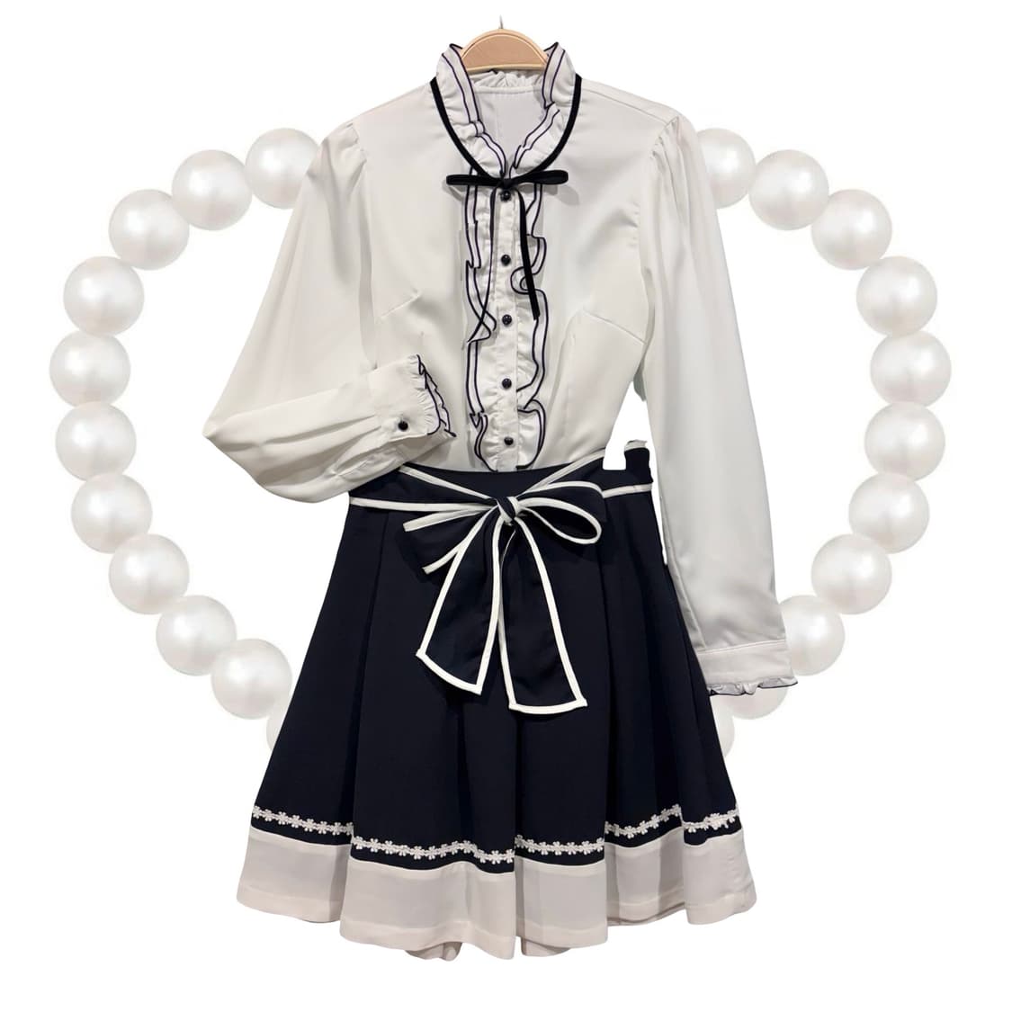 일본 빈티지 갸루 네이비 배색 파이핑 리본 스커트 공겜여주 상품이미지3