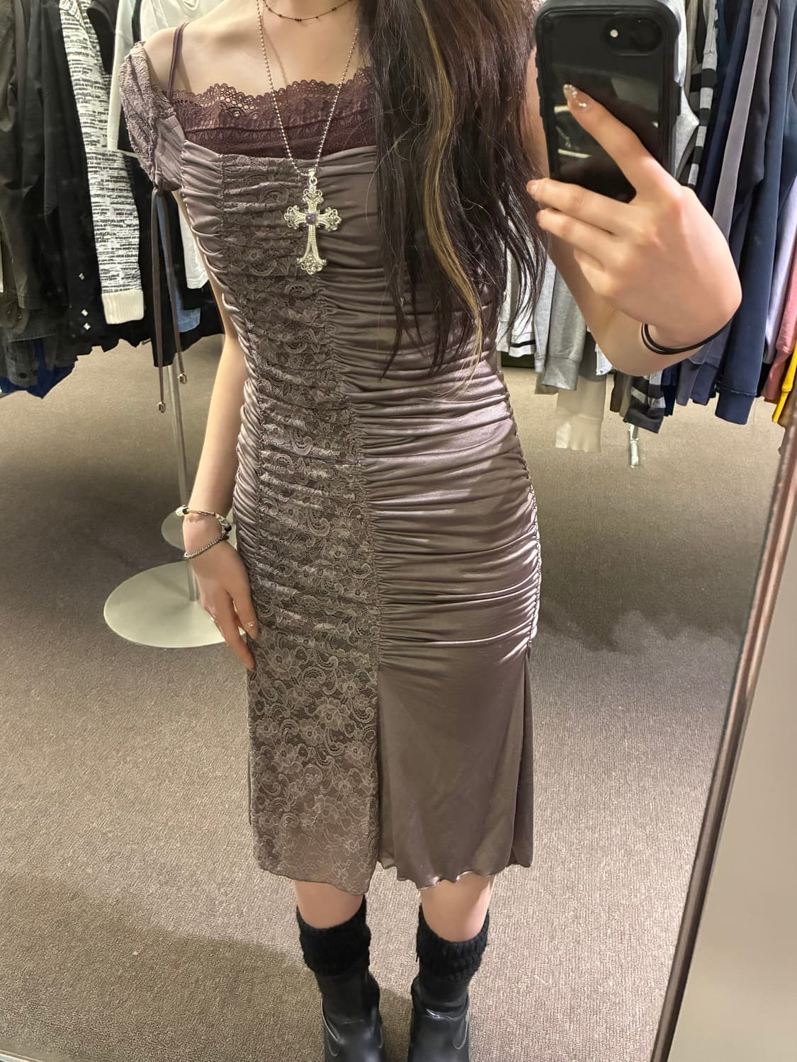 OS)Maitresse vintage 셔링 레이스 원피스 상품이미지1