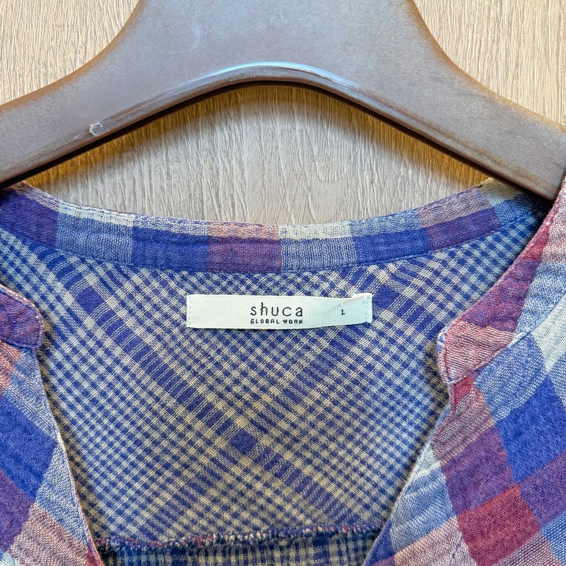 빈티지 브이넥 체크 블라우스 7부 소매 디테일 루즈핏 레드 블루 상품이미지5