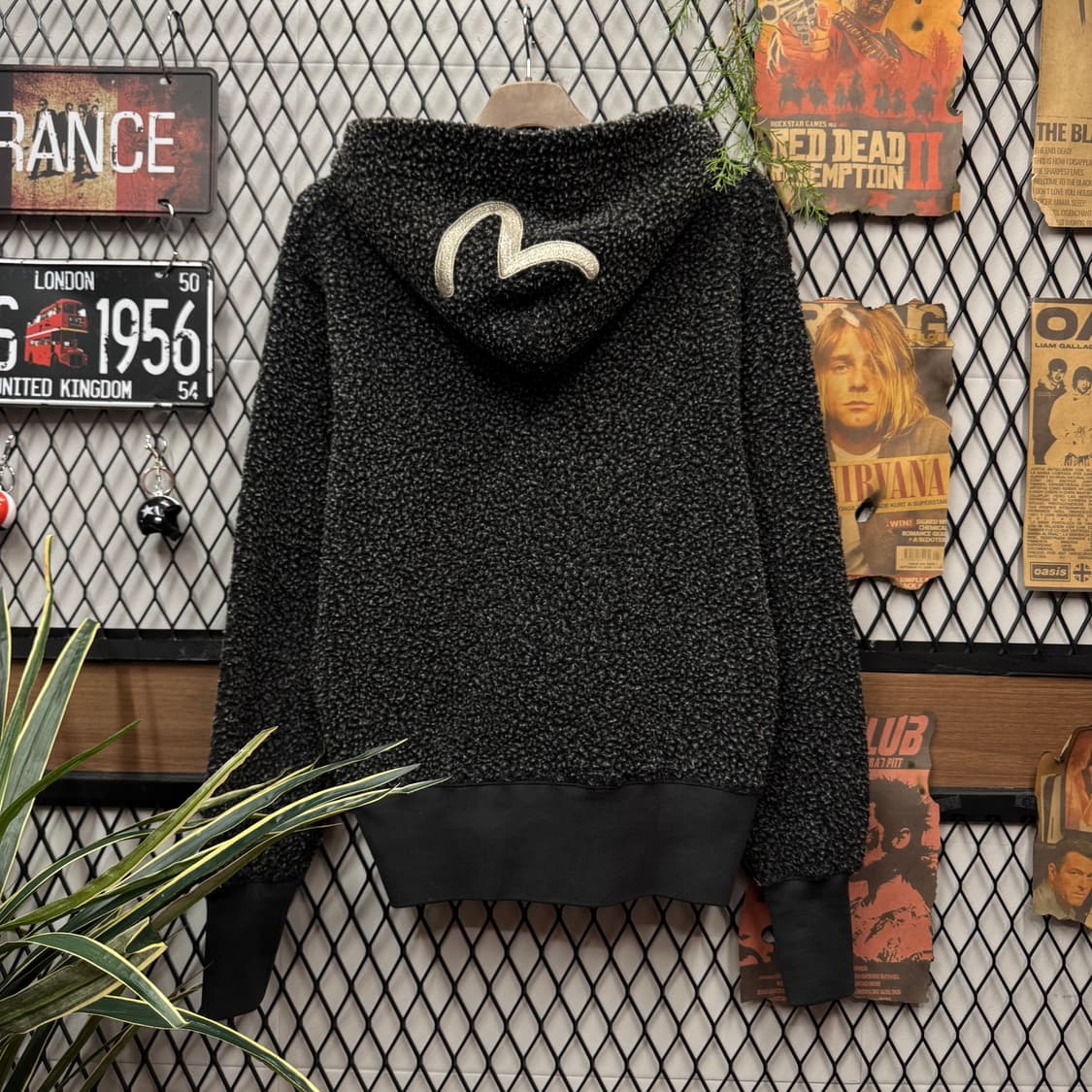 00s 에비수 야마네 플리스 후드 집업 후면 로고 포인트 블랙 상품이미지1