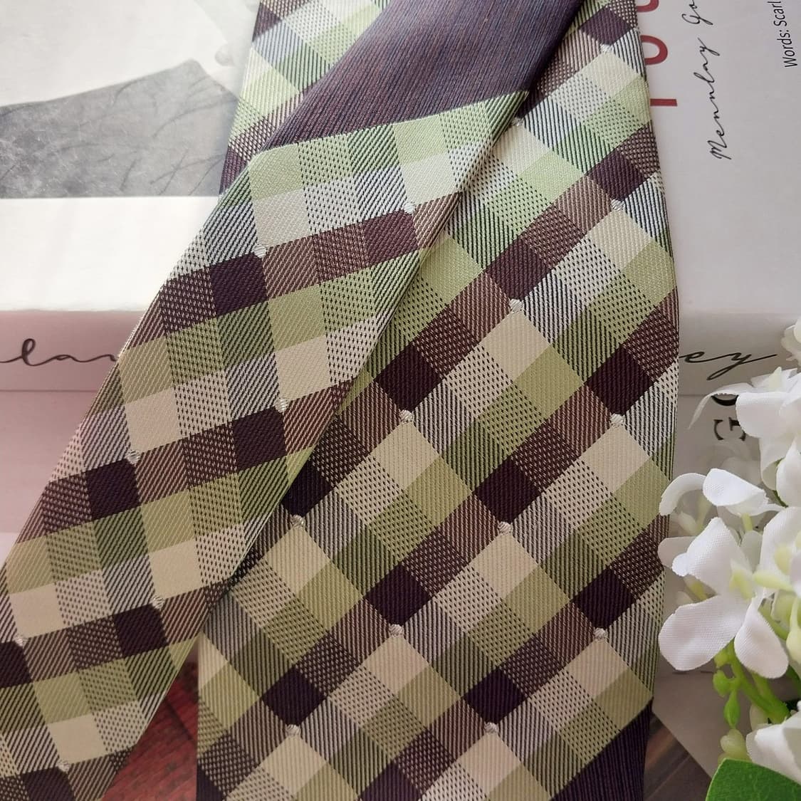 아쿠아스큐텀 실크 브라운 체크 믹스 넥타이 9.5cm A+등급 K1527 상품이미지2