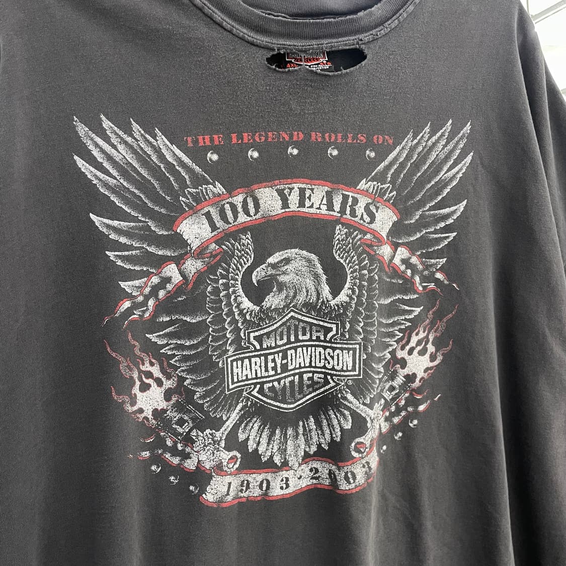 할리데이비슨 100주년 00s 하드페이딩 플레임 이글 빈티지 반팔티셔츠 상품이미지4